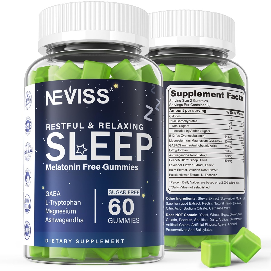 NEVISS Melatonin 成人免费睡眠援助Gummys - Gammys GABA, L-Tryptophan, Magnesium, Ashwagandha - 非哈比特造型, 帮助深度放松 - Vegan, Lemon Flavor, 1Pack