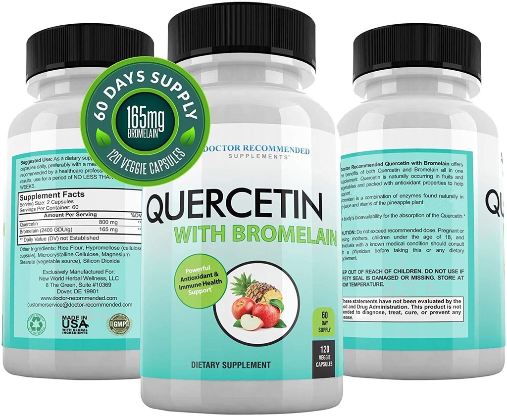 DOCTOR推荐的添加素 Quercetin 800mg w/Bromelain 165mg Pervice - 120 Veggie Capsules - Full 60天供应,支持和生物氟化物的维生素补充,Gluten Free,非GMO
