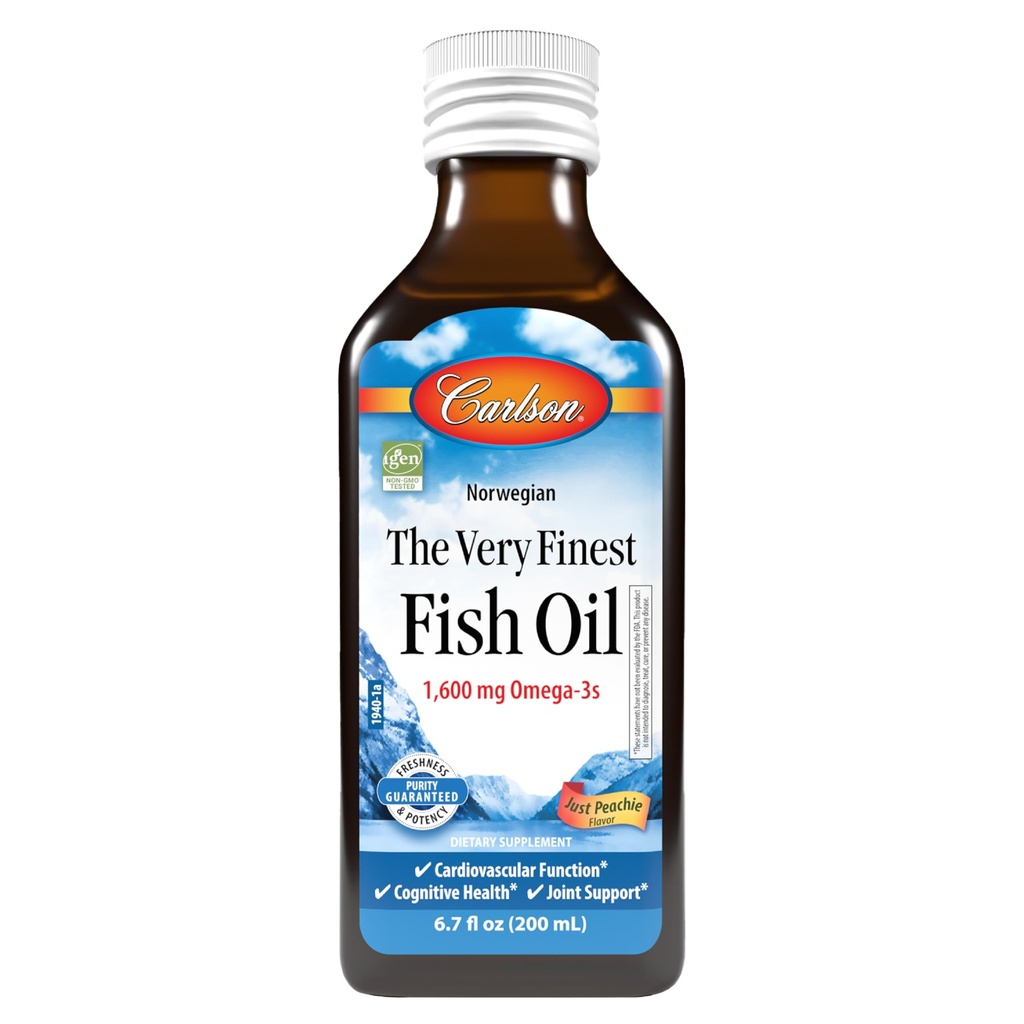 Carlson - The Very Fish Oil, 1600 mg Omega-3s,液态鱼油补充品,挪威鱼油,野生捕捉,可持续来源的鱼油液体,Just Peachie, 200 mL(6.7 Fl Oz)