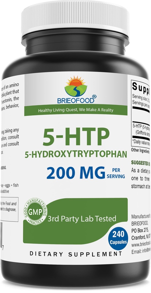 Brieofood 5-HTP 200mg 每架服务 - 240卡普尔 - 5-Hydroxytryptophan 健康放松 - 第三方实验室测试