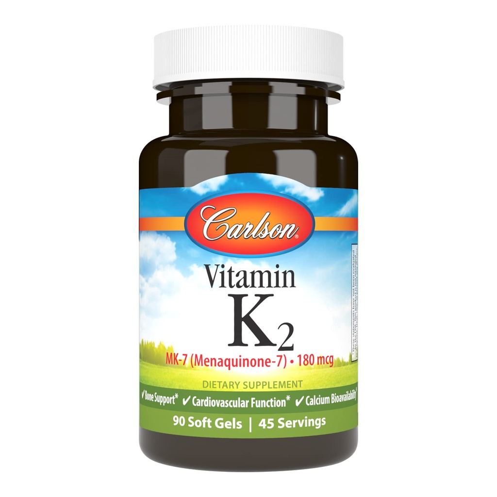 Carlson - 维生素K2 MK-7(梅纳奎酮),180 mcg,骨支持,钙生物利用率,K2维生素,维生素K-2,90软胶