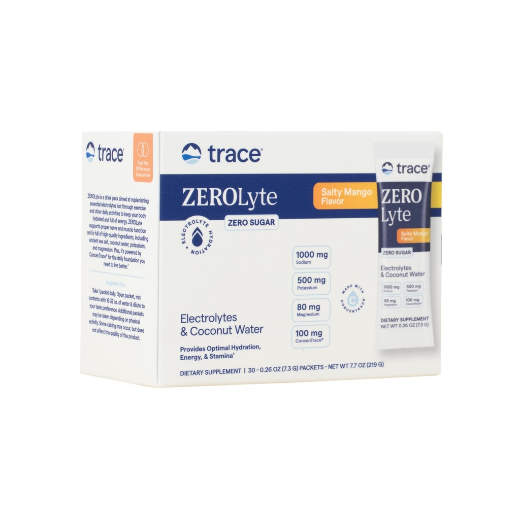 追踪矿物 ZeroLyte - 饮用混合粉末支持水分和能量 - 辅助健康神经和肌肉功能 - 支持心与消化健康 - 盐芒果,30个包(30个服务)