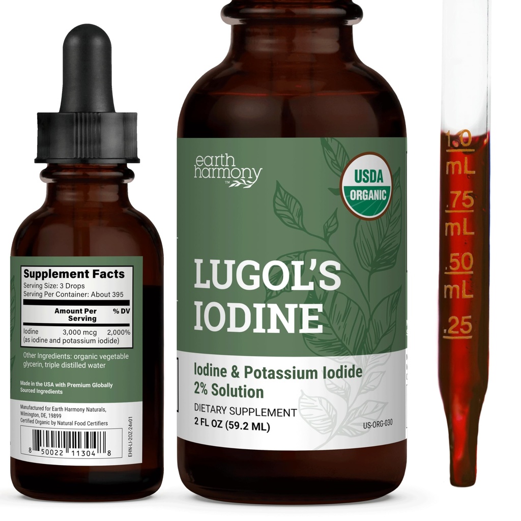 有机 Lugol 碘、碘和碘钾 2% 溶液 3000 mcg - 用于支持甲状腺素的液态补充滴液 女性和男性,代谢体健康,解毒杆菌 - 非GMO, 395 services (2 Oz)