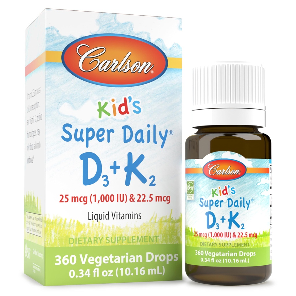 Carlson - Kid's Super D3+K2, 25 mcg (1,000 IU) D3 & 22.5 mcg K2, 维生素D 与维生素K2, 液体维生素D 1000 IU 维生素D3, 心和骨健康, 1年供给, 无味, 360 滴