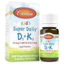 Carlson - Kid's Super D3+K2, 25 mcg (1,000 IU) D3 & 22.5 mcg K2, 维生素D 与维生素K2, 液体维生素D 1000 IU 维生素D3, 心和骨健康, 1年供给, 无味, 360 滴