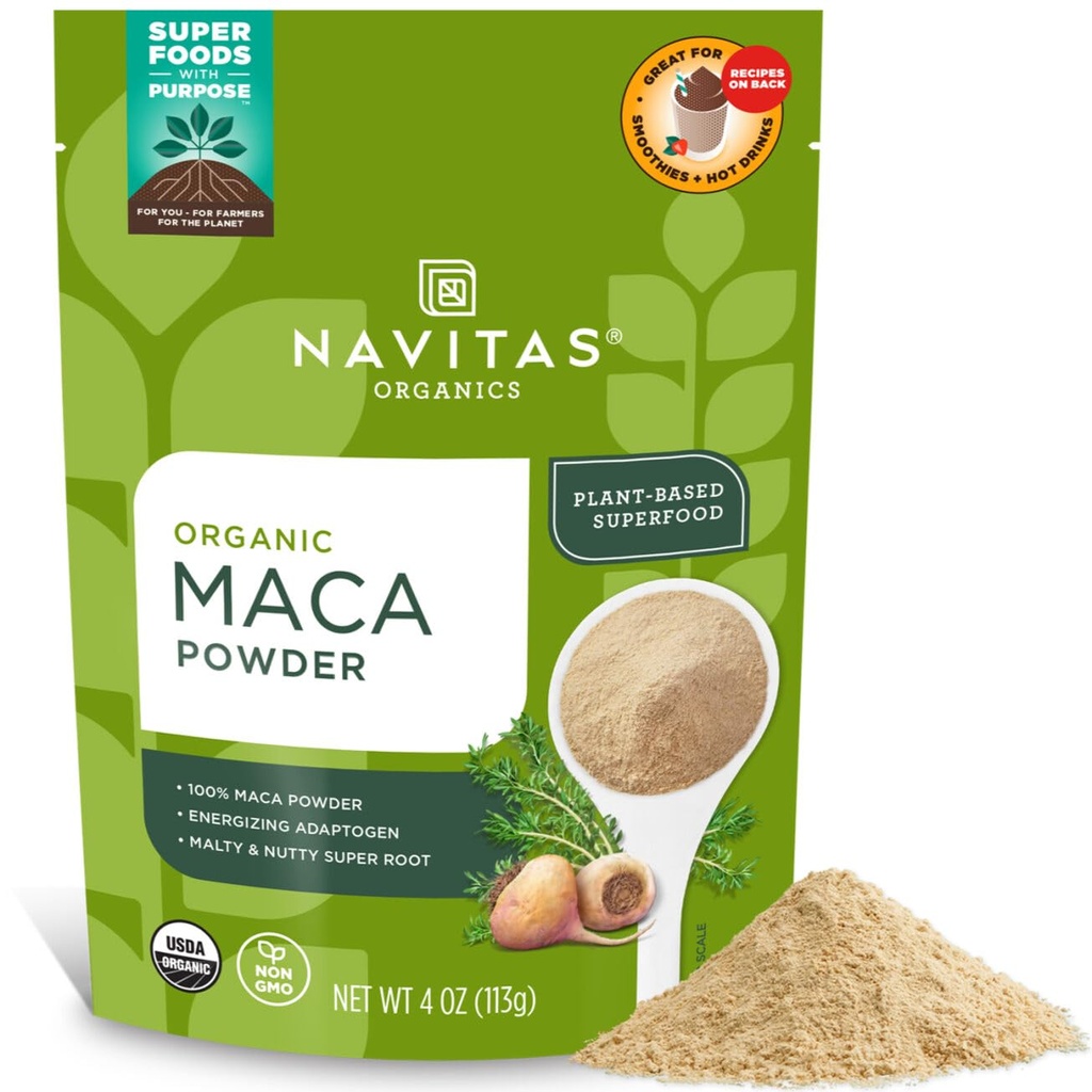 Navitas Organics Maca Powder – 100% Gelatinized Perual Maca for Adaptogen smofties, Lattes, Baking & More – 能量与平衡 - USDA Organic, NGO, Vegan, Gluten Free (4oz. Bag, 23 services) 互联网档案馆的存檔,存档日期2013-04-02.
