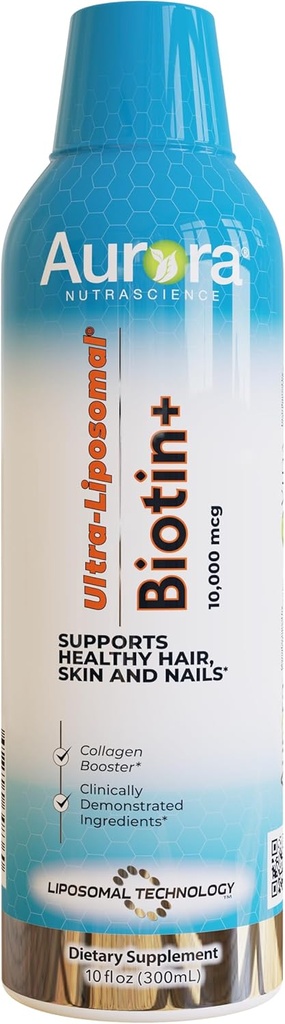 Aurora Nutrascience Ultra-Liposomal Biotin 10 000 mcg Collagen 助推剂,支持健康头发、皮肤和钉子、焦糖火焰、30种服务,10 fl oz