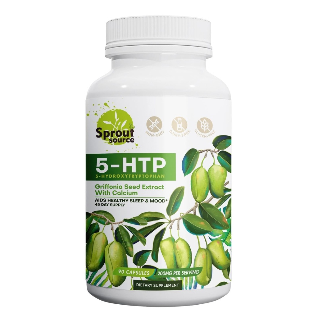 5-HTP 补充200mg,支持健康睡眠和与钙混合 – 非GMO, Gluten-Free – 90 Capsules