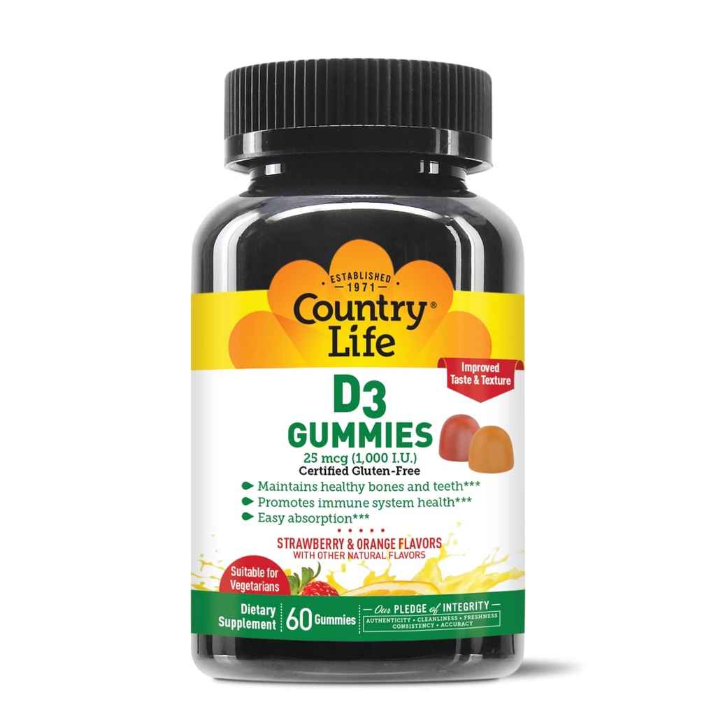 乡村生活 维生素D3 Gummys – 1 000 IU Cholecalciferol, 60 Counter – 支持骨和免疫健康 – 蔬菜,无葡萄糖,草莓和橙色火焰 – Pectin- based, no 人工甜菜