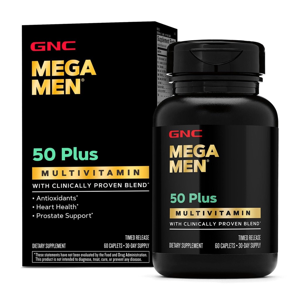 GNC Mega Men 50 Plus 多维他命卡普莱特,临床证明,心脏和前列腺健康,B维生素,Saw Palmetto,记忆,维生素D-3,60计数