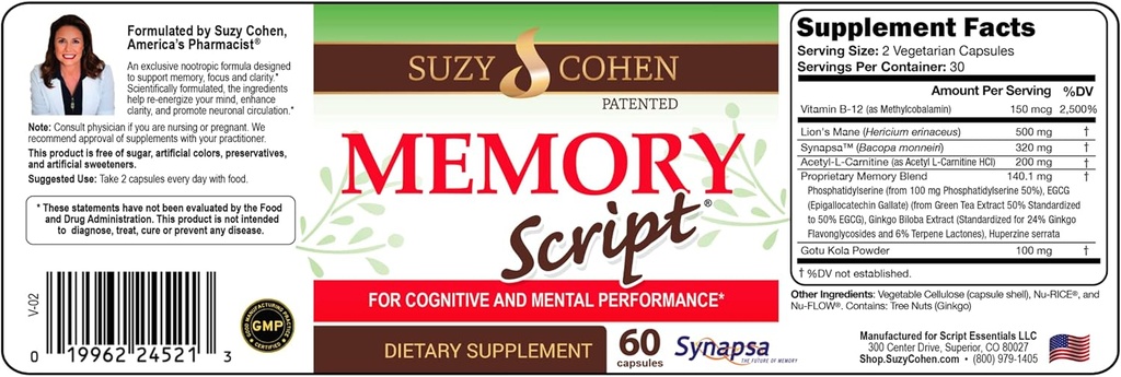Suzy Cohen Memory Script with Lions Mane, Phosphatidylserine, Green Tea Excert and Ginkgo - 聚焦的大脑支持补充 - Notropic Capsules 用于认知,更快的召回和Mood