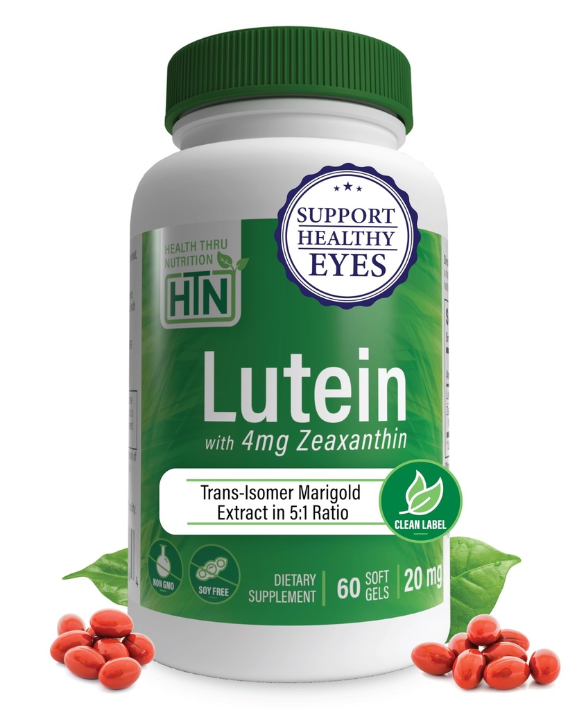 Lutein 20mg 与 Zeaxanthin 4mg 60 Softgels – 自然界的全译 Marigold 提取 5:1 比例 – 支持健康眼,皮肤和大脑 – n-GMO Soy & Gluten Free – 由Health Thru 营养(Health Thru National)制作.