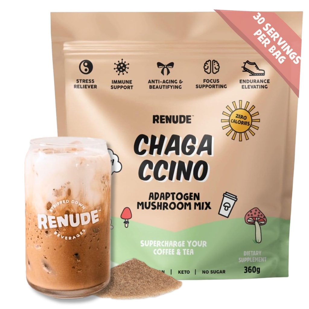 Renude Chagaccino - Chaga 蘑菇粉, 蘑菇咖啡 与适应原体,自然能源和免疫支持的混合, Vegan, Keto, Zero Calorie 蘑菇 混合粉 - 30种服务