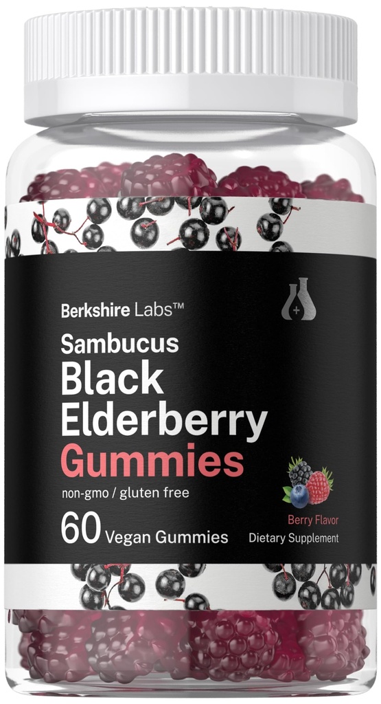 Horbaach Sambucus Black Elderberry Gummys 与辛克和维生素C & Vatmin Vegan, Non-GMO, Gluten Free Extraction for Adults QQ Berry Flavor 由伯克郡实验室提供