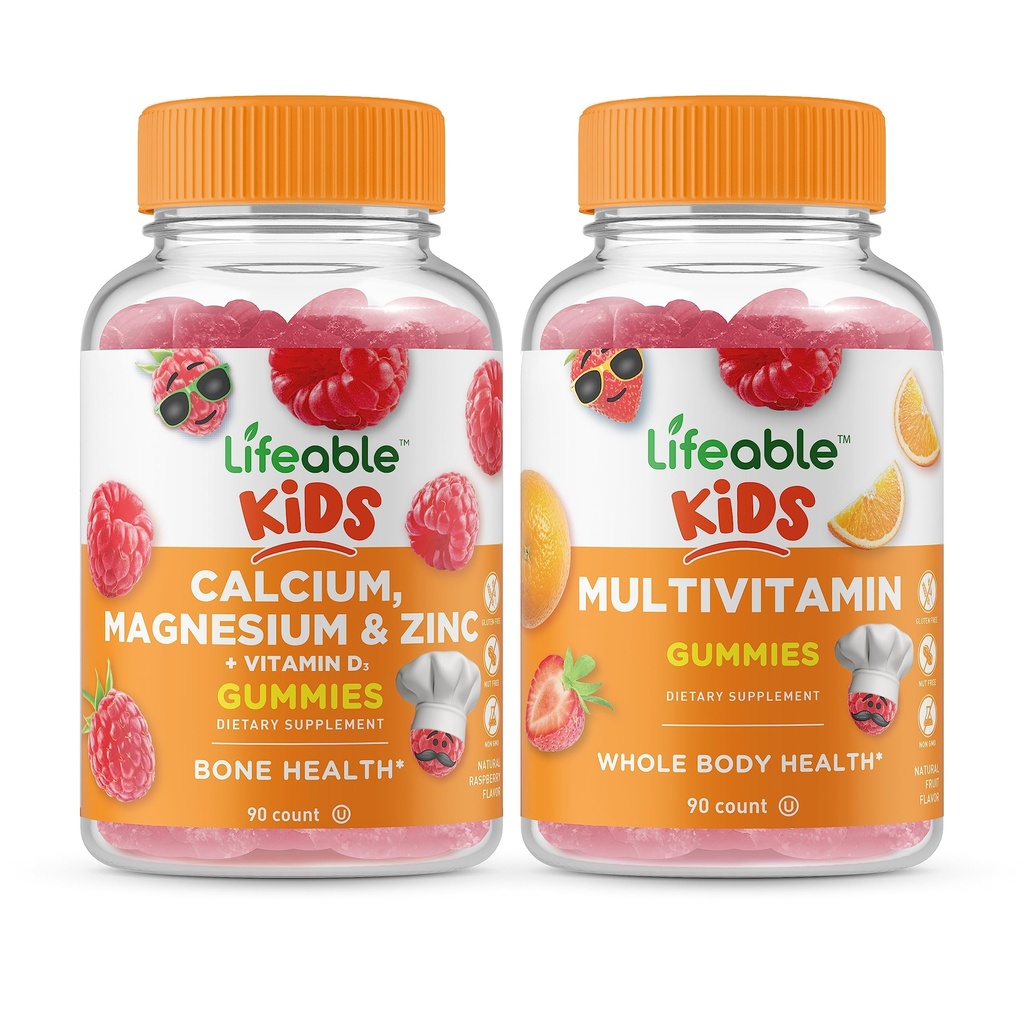 活性钙 镁和锌 Kids + 多维他命 Kids, Gummys Bundle - Great Tasting, Vitamin Supplement, Gluten Free, GMO Free, Chewwable Gummy (英语).