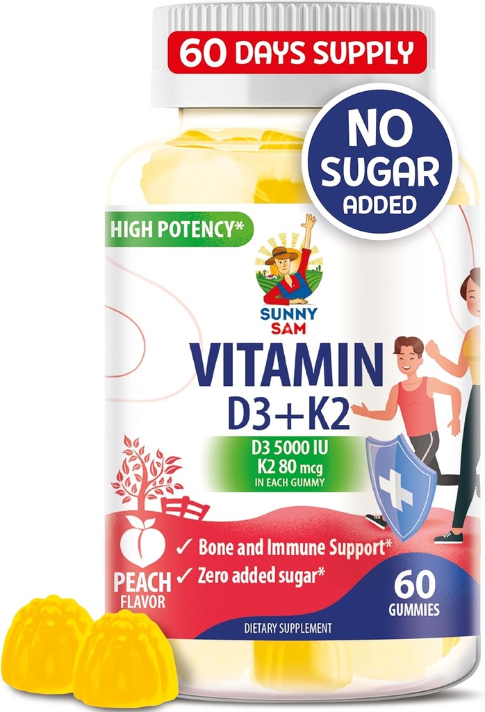 无糖维生素D3 K2 Gummys 5000 IU - Immune & Bone 支持Gummys - 维生素D Gummy 成人补充剂 - 高吸附剂,Vegan,Halal,Gluten-Free Chewable 维生素