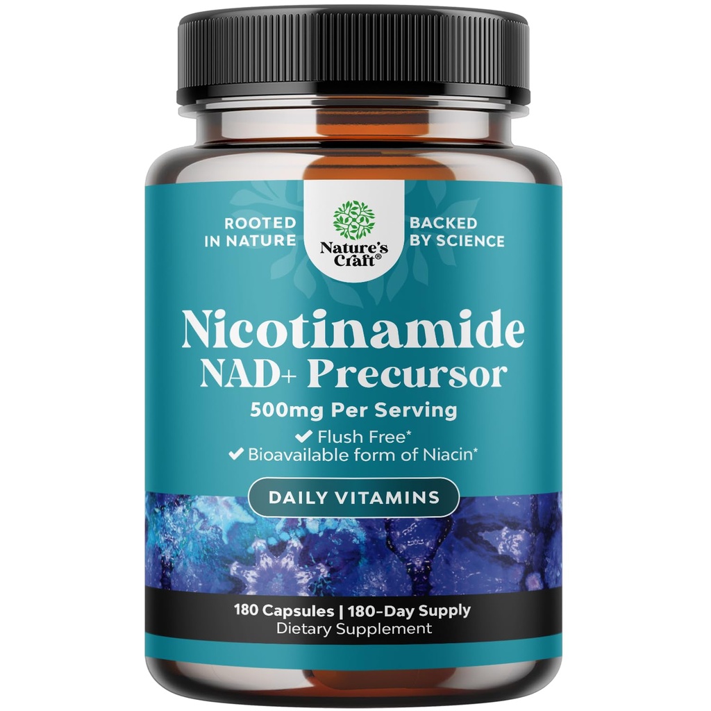 维生素B3 Niacinamide 500mg Capsules - Mitochondrial Energy and Potent Skin 补编 - AKA 维生素B3 Niacin 500mg Flush Free and Nicotinamide 500mg - Flush Free Niacin 补编 - 180