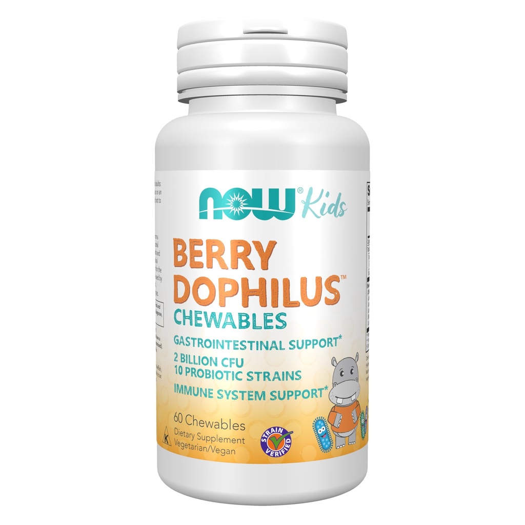 Now Foods Supplements, Berry DophilusTM 配有2亿元, 10 Probiotic Strains, Xylitol Sweeted, Strain 验证, 60 Chewables, 包装可能不同