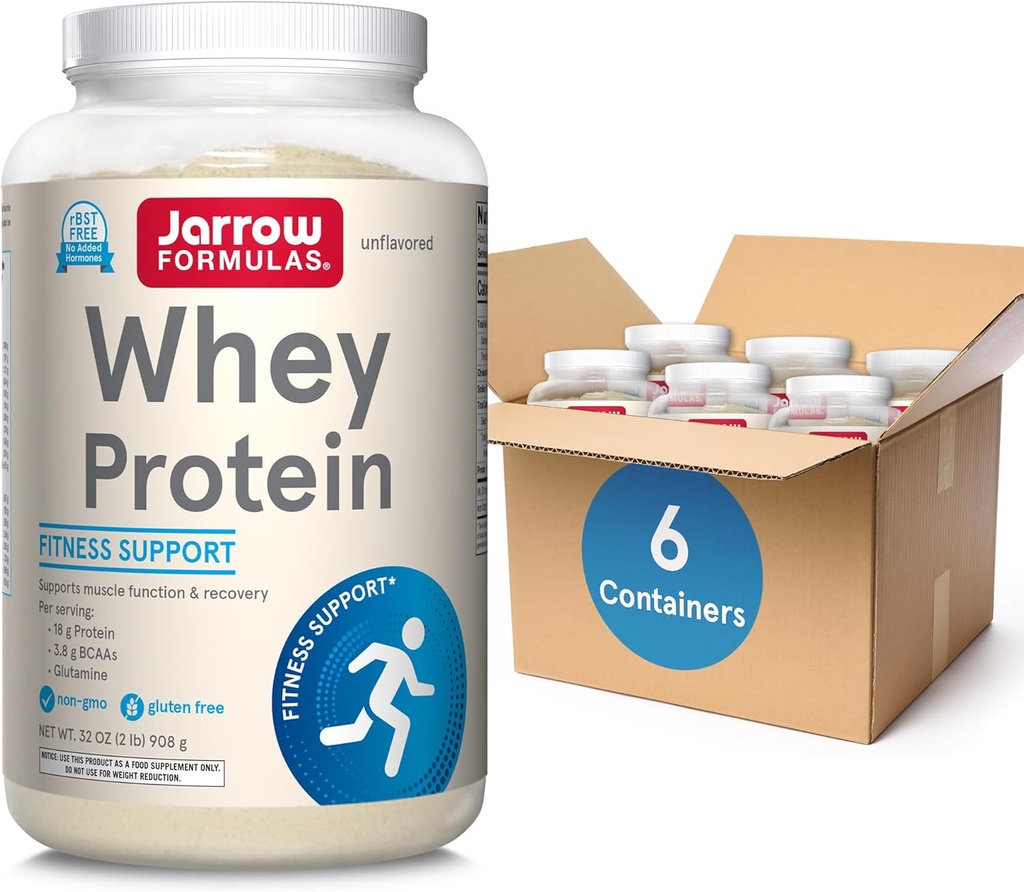 Jarrow Formulals Whey蛋白与蛋白质18g、BCAAs3.8g和Glutamine,肌肉功能和恢复支持的膳食补充,32 oz未味粉,约38天供应,6包