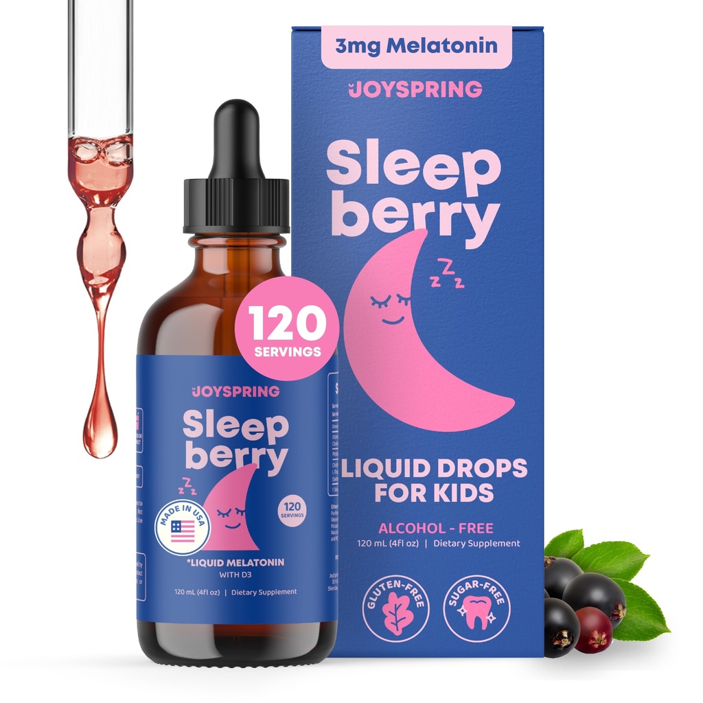 JoySpring SleepBerry - Kids Melatonin Liquid - 3MG Melatonin with D3和长老莓 - 儿童无糖液体 - 温柔自然睡眠支持公式(4 fl oz)
