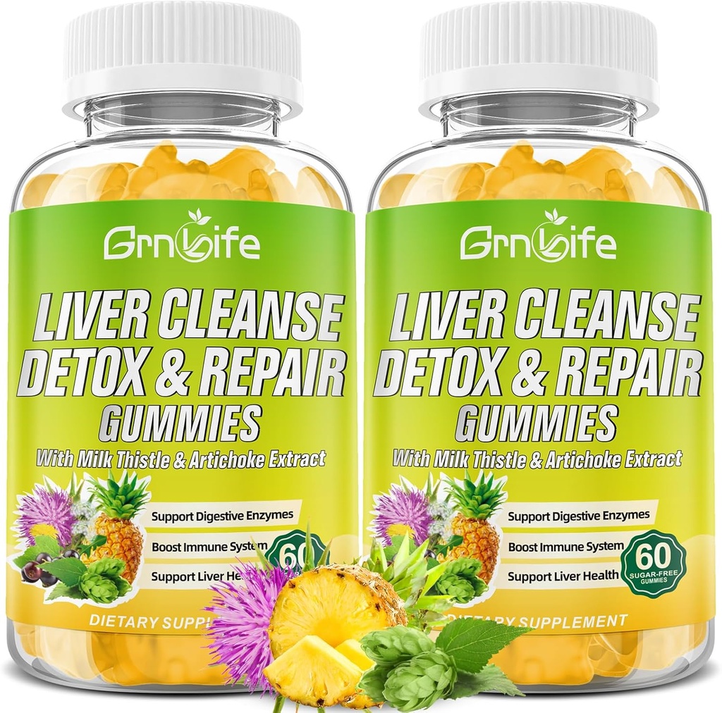 Liver Cleanse Detox & Referge Gummys with Milk Thetle 3000mg,24-in-1 Liver Health Supplies with Dandelion, Artichoke, 糖自由利弗 Detox Gummys, Pineapple Flavor - 120 Counter (英语).