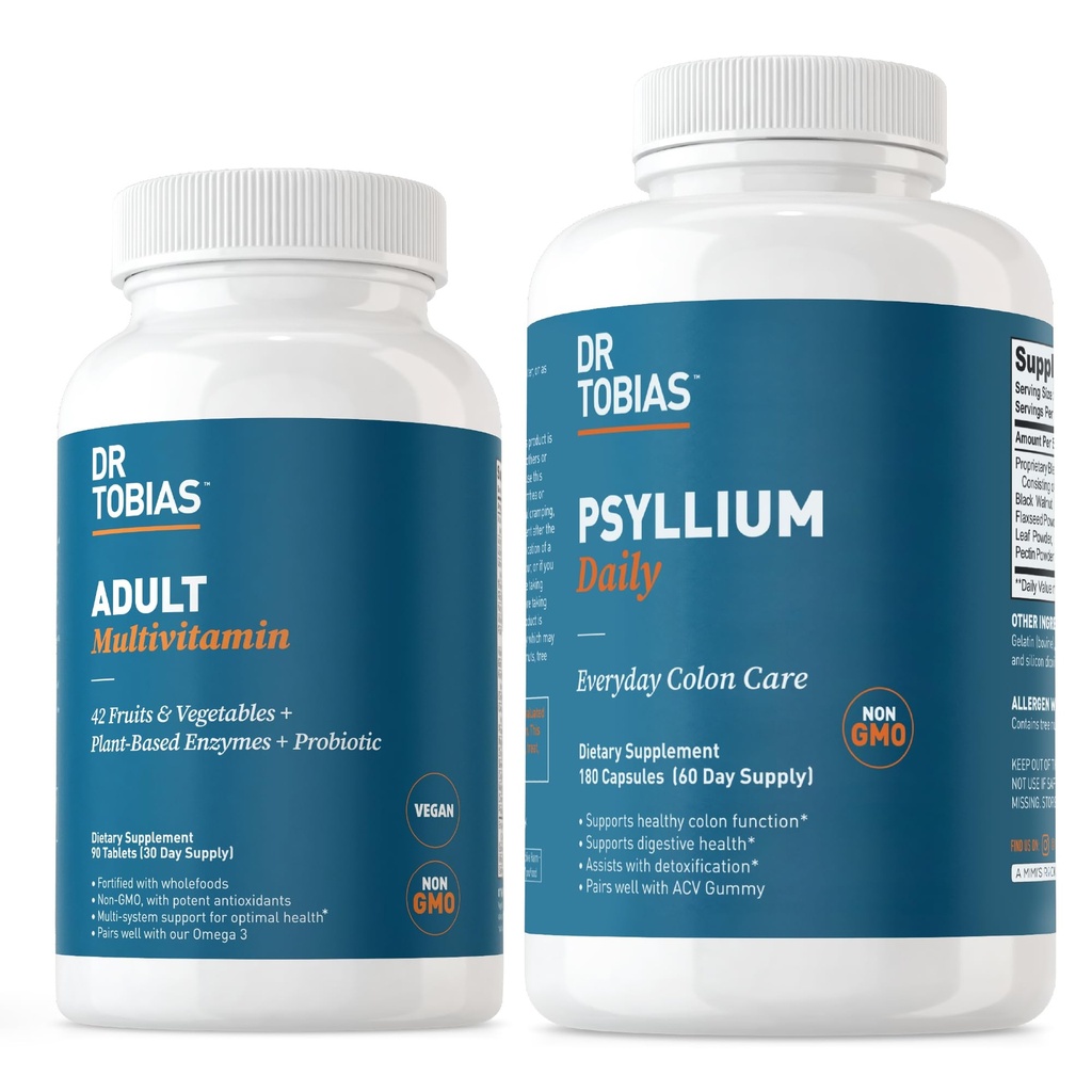 Tobias Dr. Adult Multivitamin & Psyllium Daily 支持有42种水果和维加表、Husk、Bentonite Clay、Flaxseed和天然原料的能源、豁免和健康碗运动