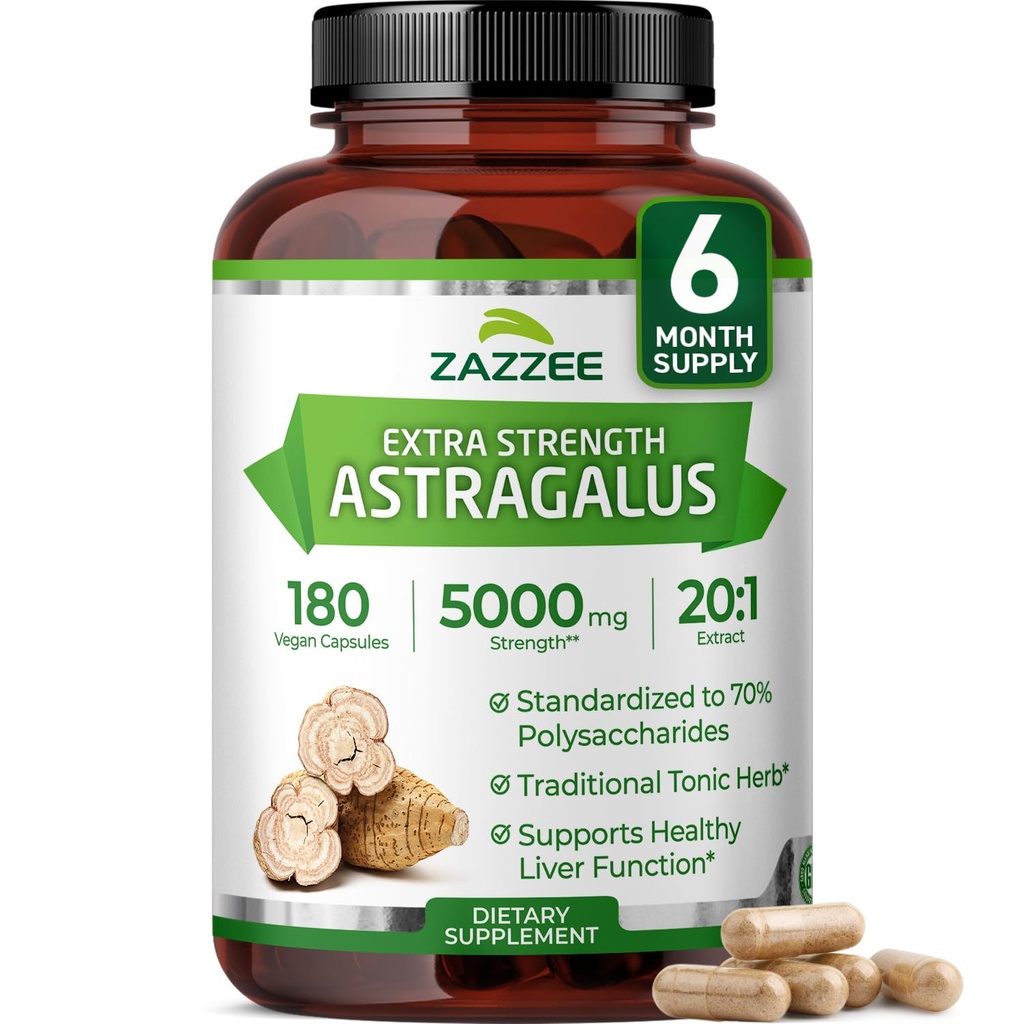 Zazzee Extrastriagalus root 20:1 提取、5000 mg 强度、70% 聚沙酰胺、180 Vegan Capsules、6个月供应、100% 蔬菜、标准化和集中20X 提取、非GMO
