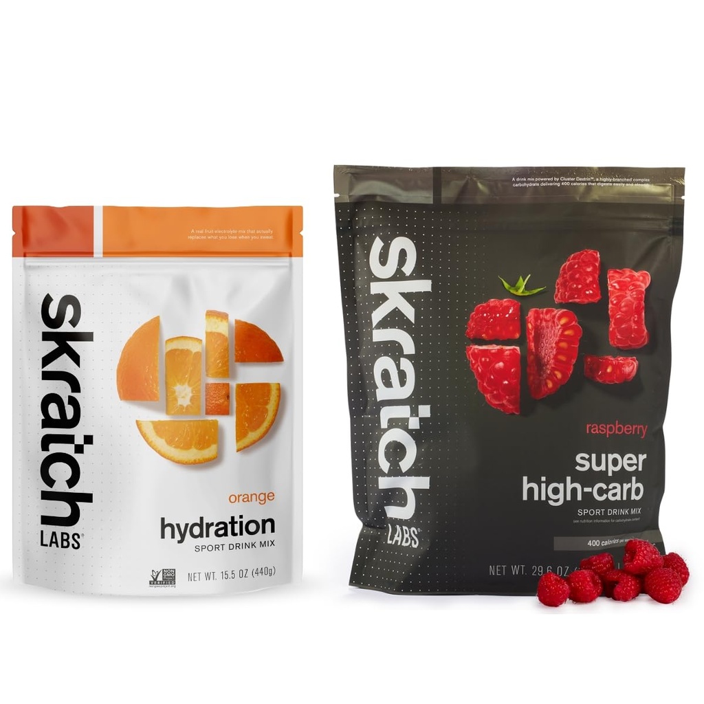 Skratch Labs Hydration Bundle | Orange Sports Hydration and Raspberry High Carb Drink Mix | Electrolyte Replacement Powder | Keto Friendly, Non-GMO