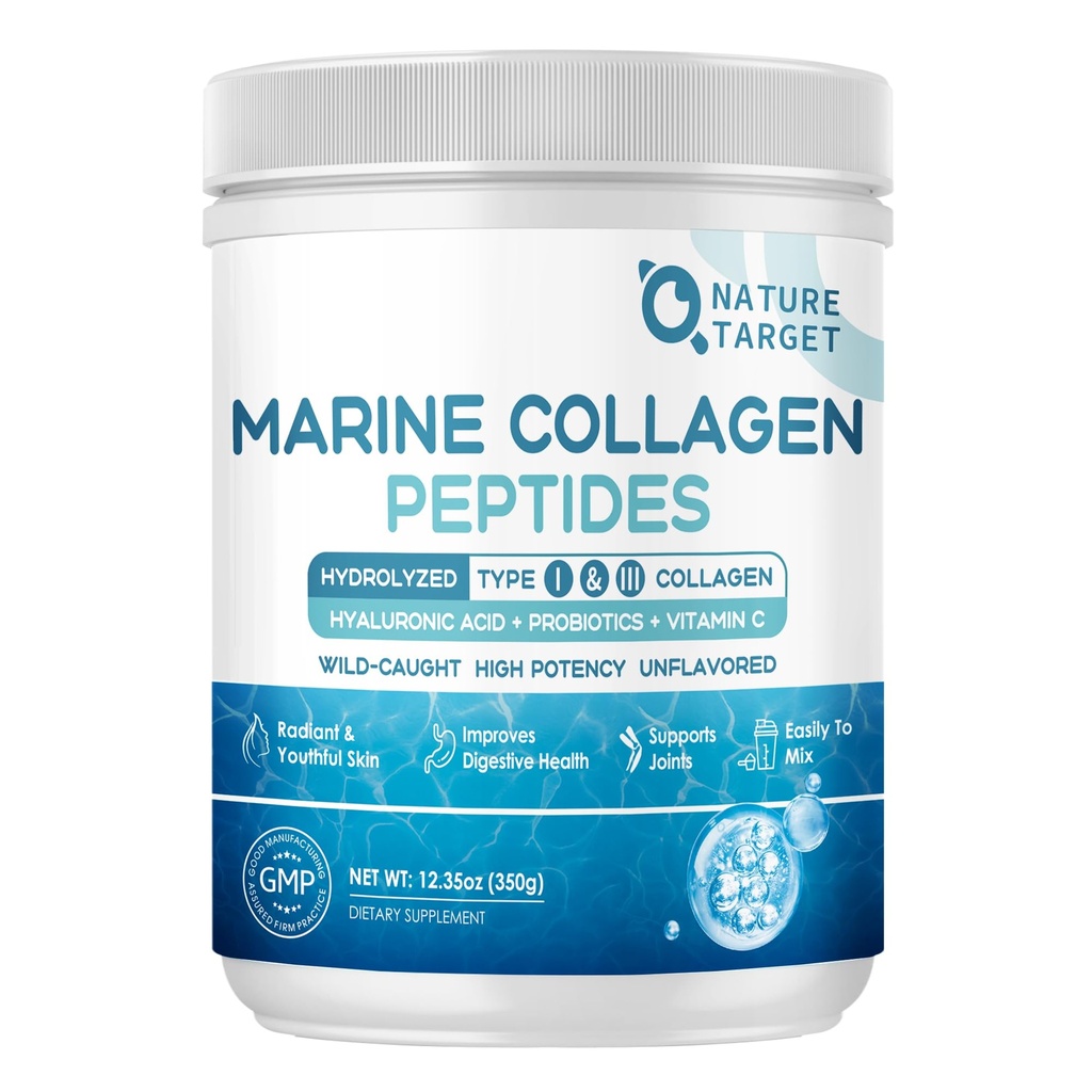 NATURE TARGET 海洋Collagen Peptides Powder - I型和III型Collagen 配有Probiotics,维生素C和Hyaluronic Acid 配有皮肤,毛发,钉子,野捕鱼和草鳍波文,35种