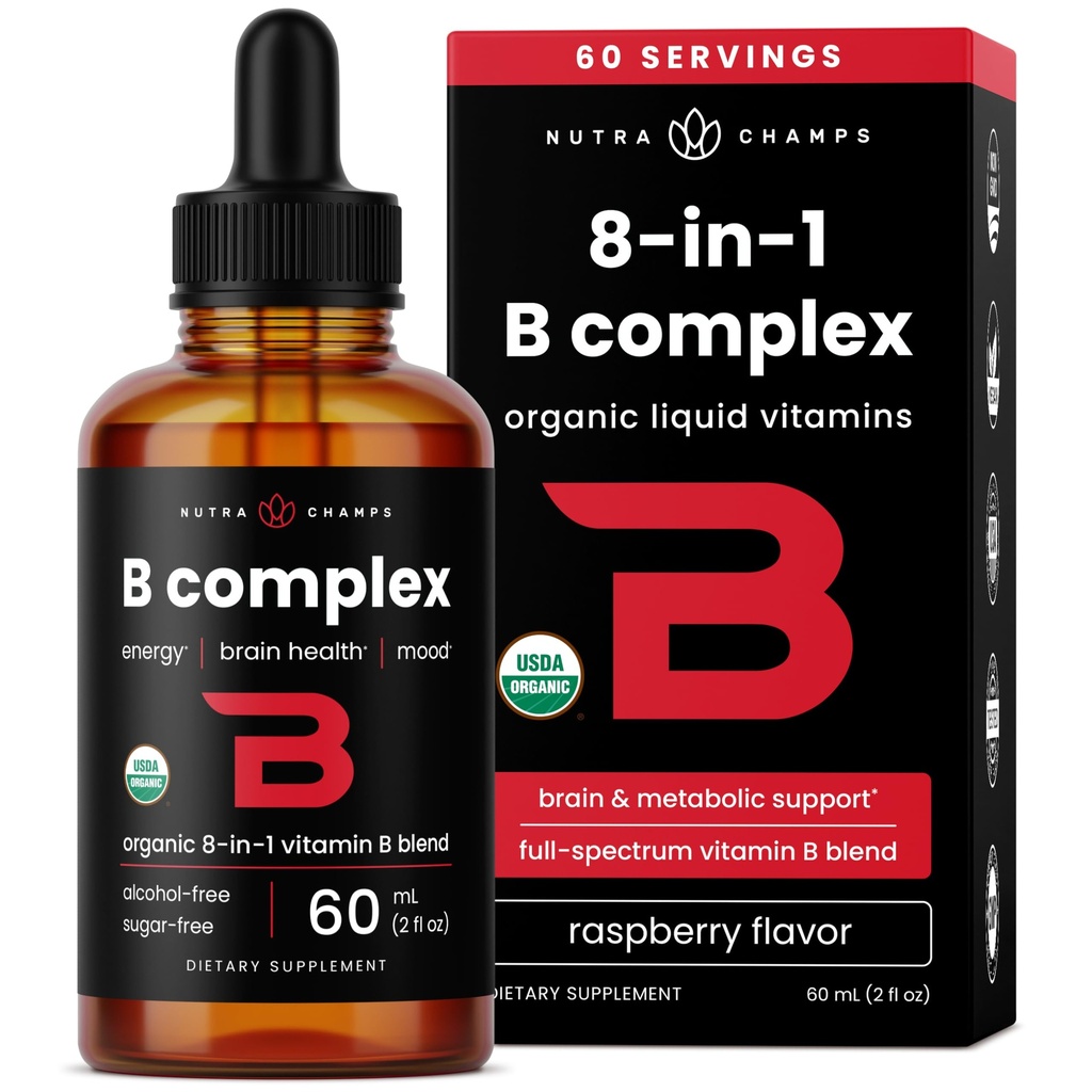 USDA 有机维生素B 复合液体滴灌 | B 维生素复合剂补充剂 B1, B2, B3, B6, B7, B9 和 Methy B12 成人与儿童滴灌 | Vegan Berry Flavor 2oz | 60 服务 / 2个月供应