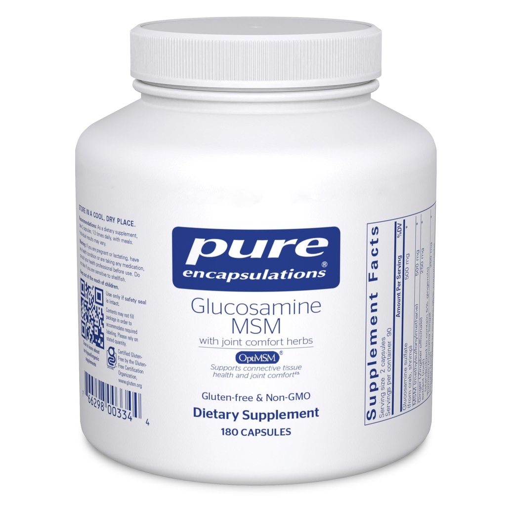 纯封装 Glucosamine MSM ++ 联合支助、流动、舒适、心肌卫生和连通组织补充* ++ 180 Capsules