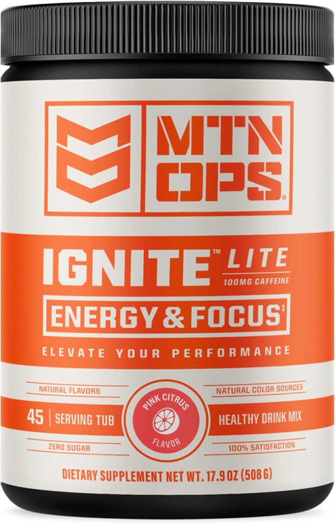 MTN OPS Ignite Lite Energy Drinking Powder Gluten Free Nitric Oxide 补充 Drink Mix, L Arginine, L Citrulline, Cafeine & Notropic 免糖饮料 Mix, 45 services, Pink Citrus