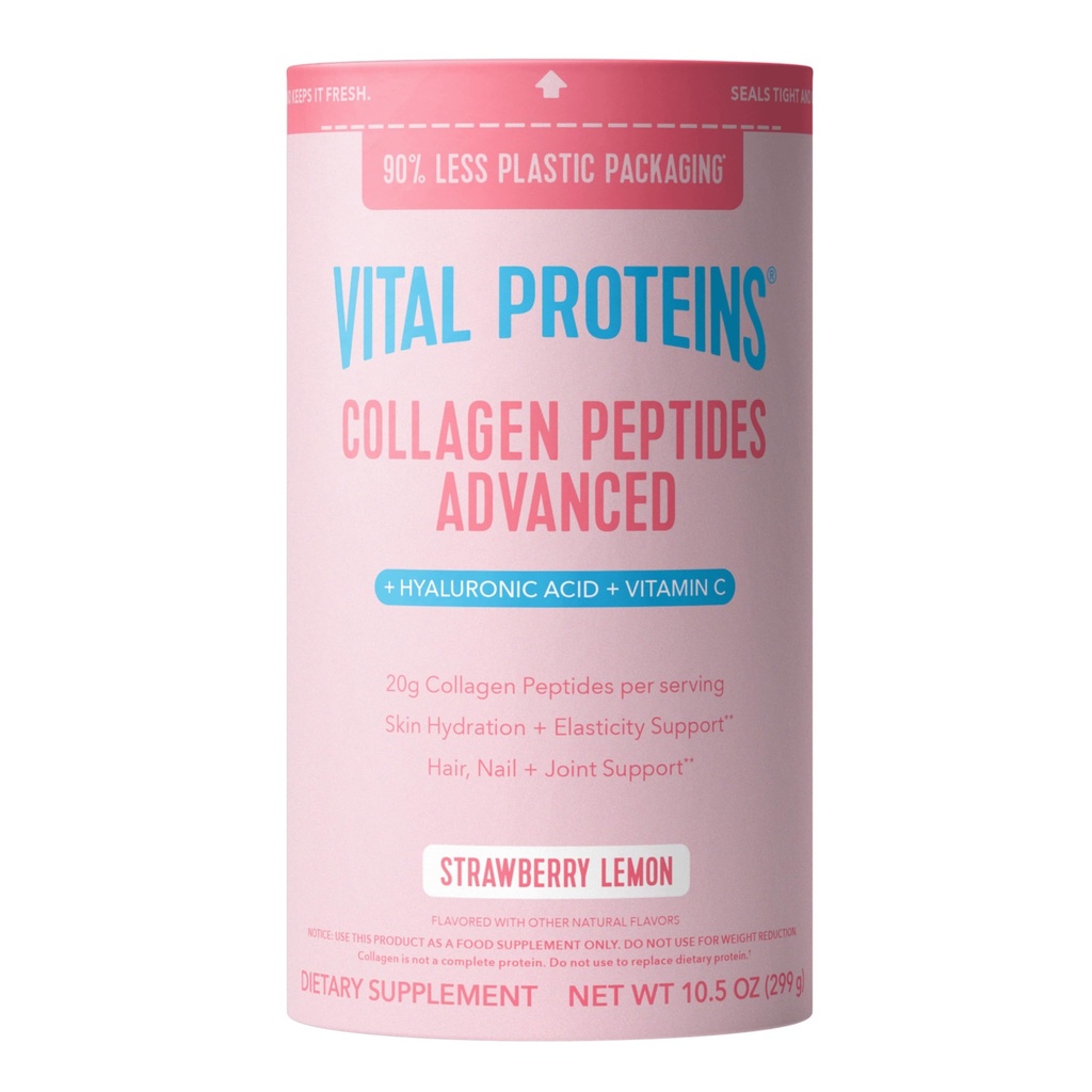 重要蛋白质Collagen Peptides高级,含Hyaluronic酸和维生素C的水解Peptides-草莓柠檬火药,10.5oz