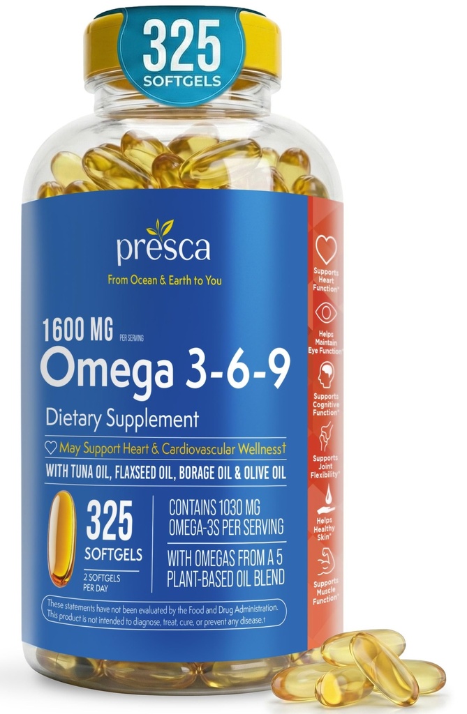 Omega 3-6-9 饮食补充(325 ct.) - 促进视觉功能和眼部健康 - 支持心脏、心血管健康、健康皮肤、头发和整体健康(Omega 3-6-9)