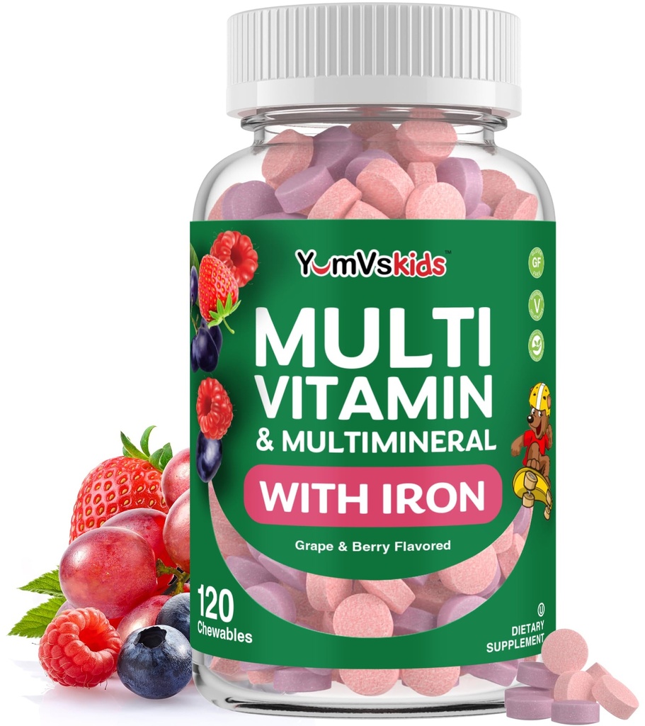 YumVs Kids Multivitamin with Iron & Minerals Chewwots – Grape & Berry Flavor Vitamins for Toddlers & Children Agent 2+ – 日用多维塔明用于免疫支持 – Kosher, Non-GMO – 120 Chewables