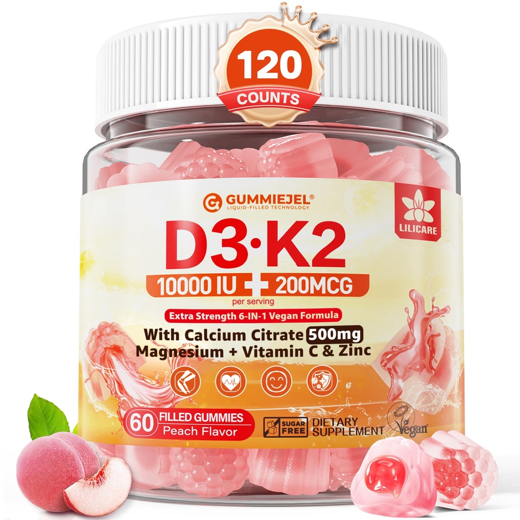 维生素D3 K2 填充Gummys 5000IU / 10,000 IU 加装500mg 钙 + K2(MK-7) 200mcg, 镁,维生素C 和锌, 超强 - 骨肌肉牙齿的绝活性, Vegan - Pack of 2