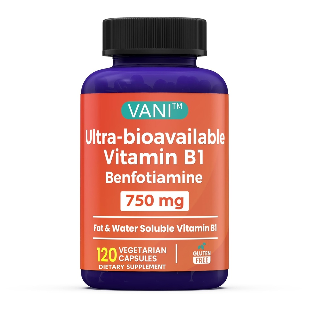 VANI 750MG Benfotiamine 与 B1, 5X Time Fat & 水溶性 Thiamine B1 补编 — 第三方测试,无 Gluten (120 Capsules)