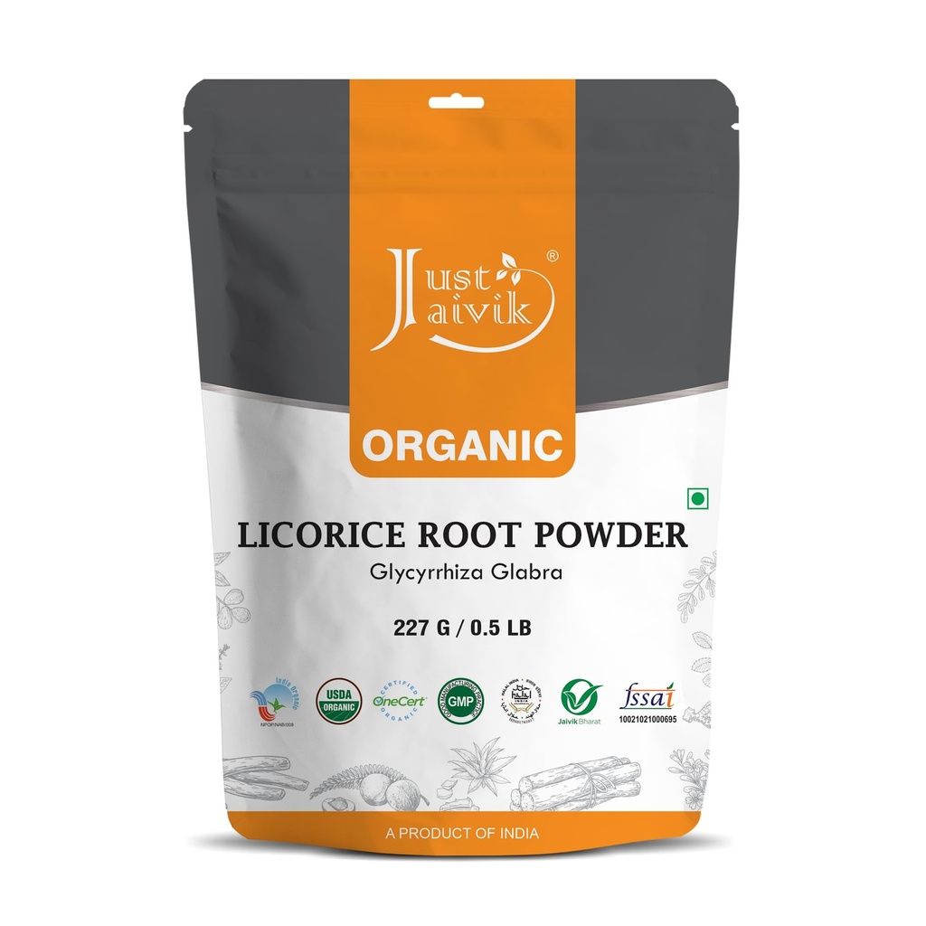 只有Jaivik 100%有机液根粉 - 227 gm / 0.5 lb Mulethi → Glycyrrhiza Glabra/Yastimadu → May 增强固态,呼吸和消化性 → USDA 有机认证草