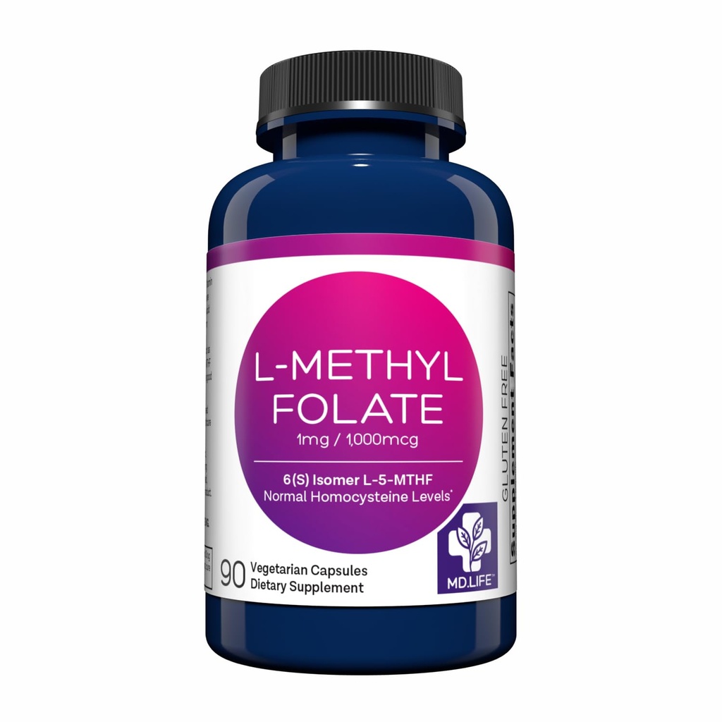 MD Life L-Methylfolate 1 mg 补充 - 专业级活性L Methylfolate 补充 - 90 Capsules - L-Methylfolate 1mg - 最大概率 MTHFR W/基本氨酸