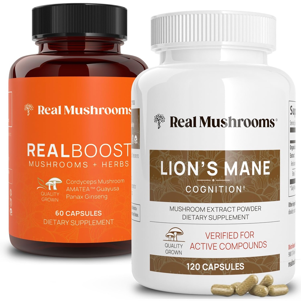 真正的蘑菇 RealBoost(60cm)和狮子马恩(120cmt) Capsules Bundle - 蘑菇 能源、生命力和认知-能量和脑维生素 w/Cordyceps, Ginseng, Guayusa - Vegan, 非GMO