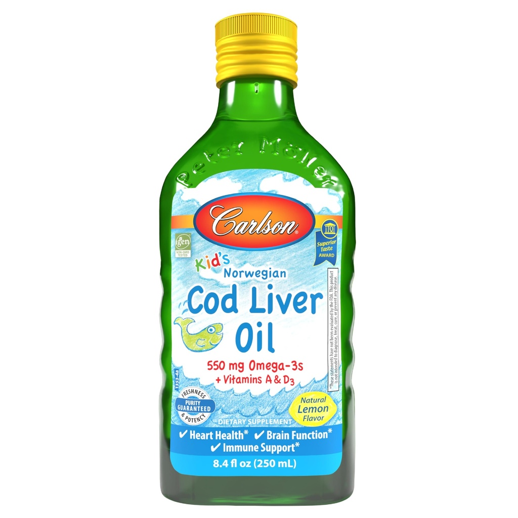 Carlson - Kid's Cod Liver Oil, 550 mg Omega-3s, 维生素A & D3, 野挪威, 柠檬, 250 mL