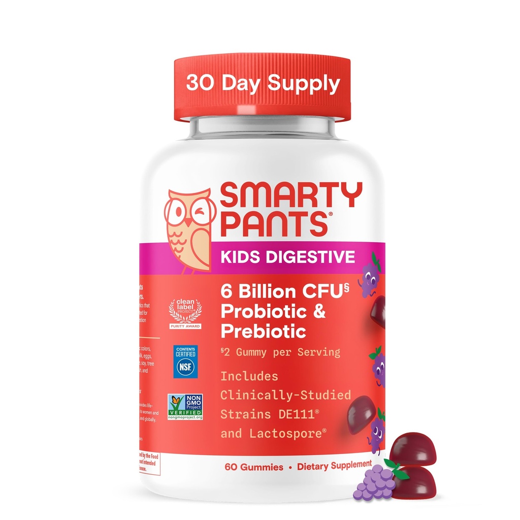 SmartyPants Kids Probiotic & Prebiotic Gummys for Entertainive Health: Gut Health 补编,临床研究Imune支助的Prebiotic,Grape,60 Counter(30天供应)