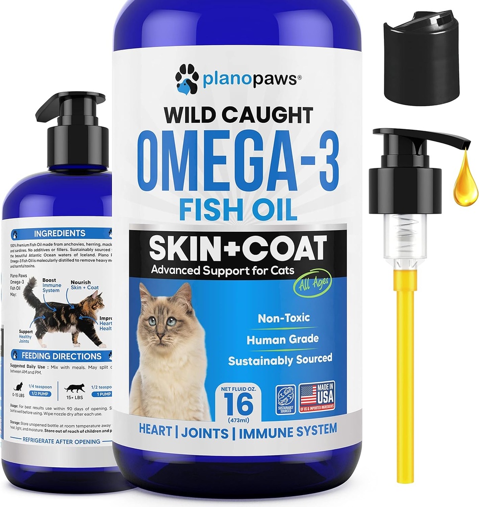 Omega 3 鱼油换猫 - 比沙门油换猫 - 猫 猫 + 猫 维生素和补充剂 - 猫 健康用品 - 猫 Dandruff 处理 - 鱼油换宠物 - 猫舍丁产品