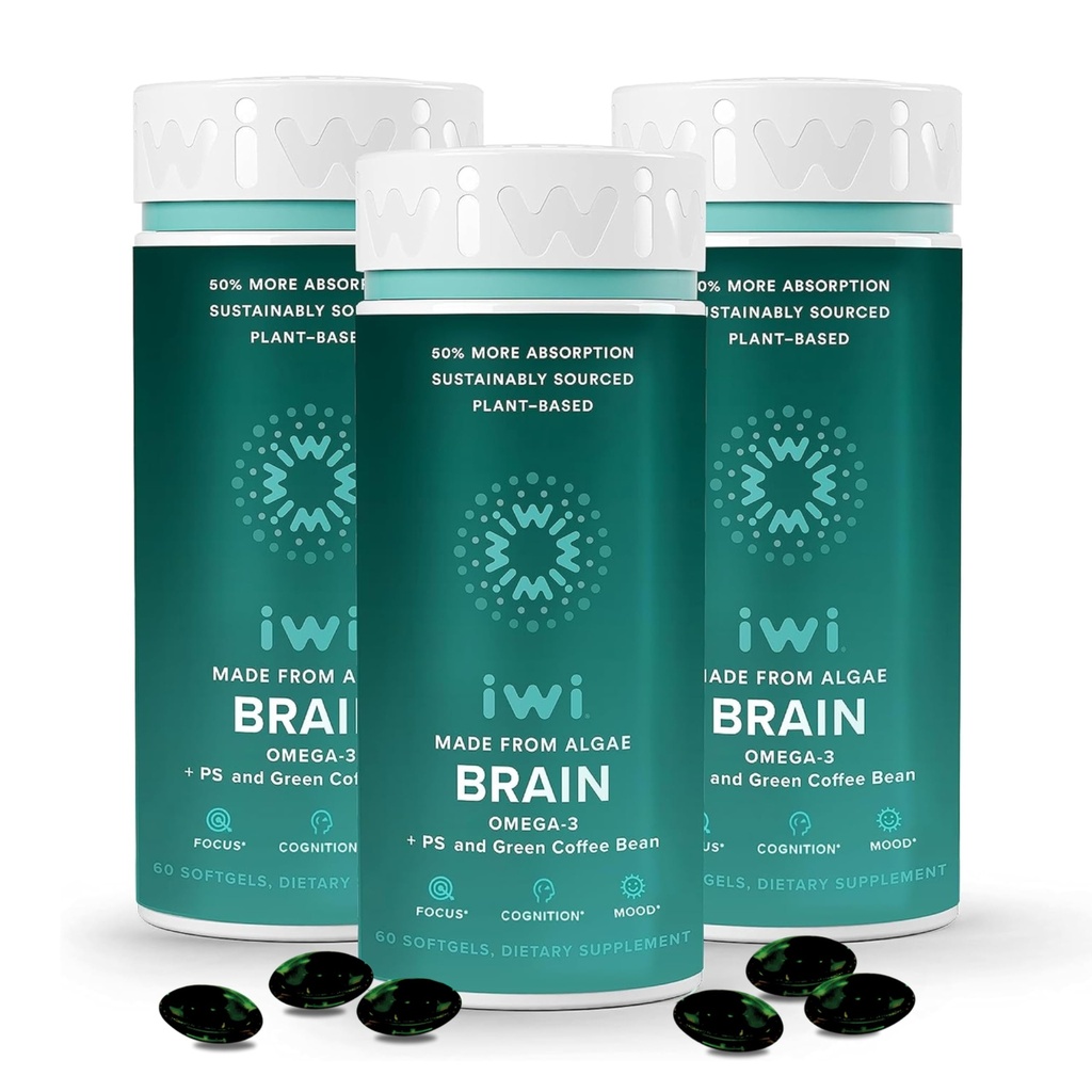 iwi life Brain Omega-3, 180 Softgels (90 services), Vegan 植物型藻类 Omega-3 配有 EPA + DHA, Focus, Memory 和 Mood 支持饮食补充, Krill 和 Fish Oil 替代产品, 无鱼味余味