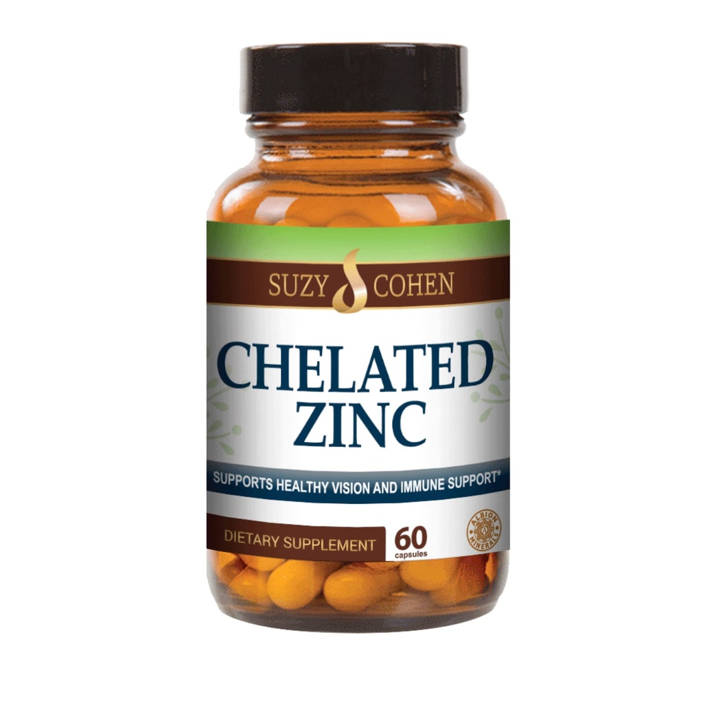 Suzy Cohen Chelated Zinc 补充品 - 60 Capsules Gentle 在胃部 - 锌用于健康细胞生长和DNA形成 - 支持健康免疫功能和皮肤健康