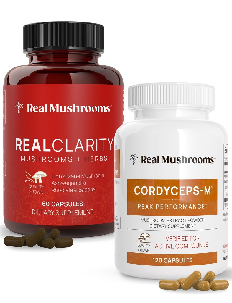真实蘑菇(60ct)和Cordyceps(120ct) Capsules Bundle - 精神清晰度,焦点,能量和生命力的蘑菇补充 - Vegan,非GMO,Beta-Glucans的验证水平