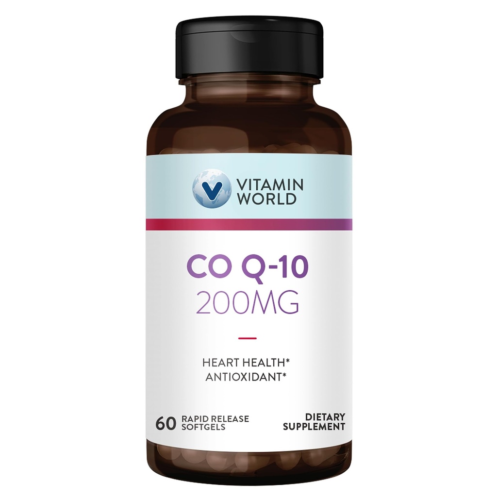 维生素世界CoQ10 200 mg 软胶,抗氧化剂支持的Coenzyme Q10 补充剂,心脏健康和能源生产,Gluten Free,60 快速释放软胶