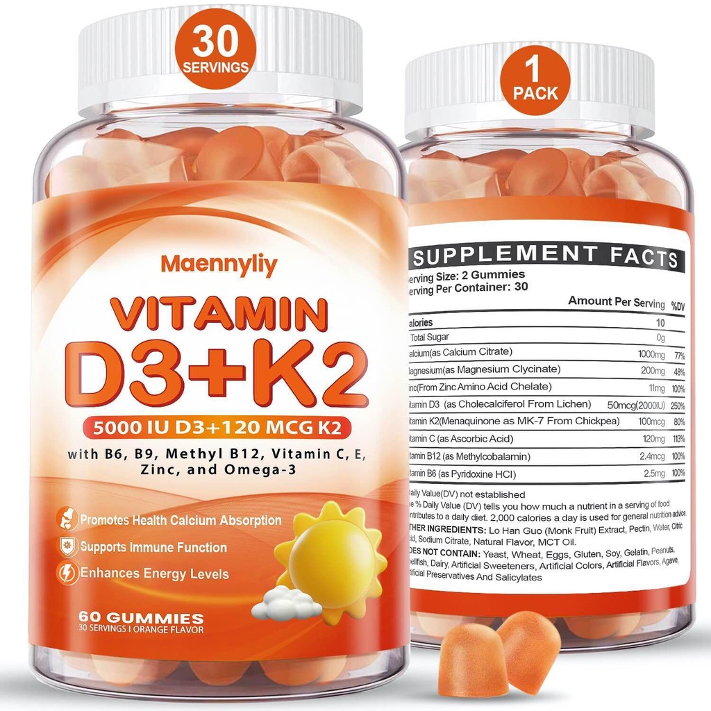 成人维生素D3 K2 Gummys - 维生素D3 5000IU + K2(MK-7)120mcg - 无糖D3和K2 配Omega-3,甲基B12,B9,B6,维生素E和锌 - 含钙吸收和免疫健康