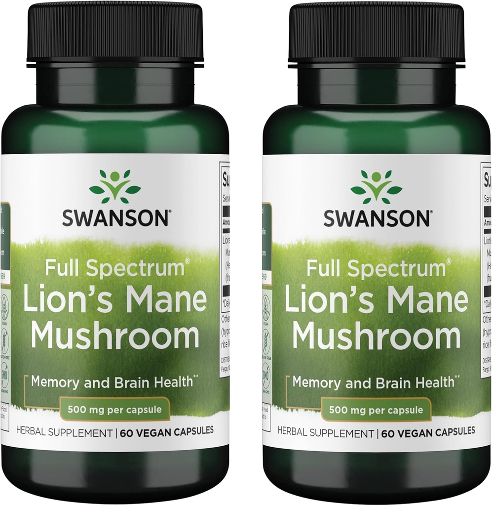 Swanson Full Spectrum Lion's Mane Mushroom - 支持记忆,焦点和清晰的大脑健康补充* - 也愿援助免疫,心脏和消化健康 - Gluten-free & Non-GMO - 60 Capsules (2 Pack).
