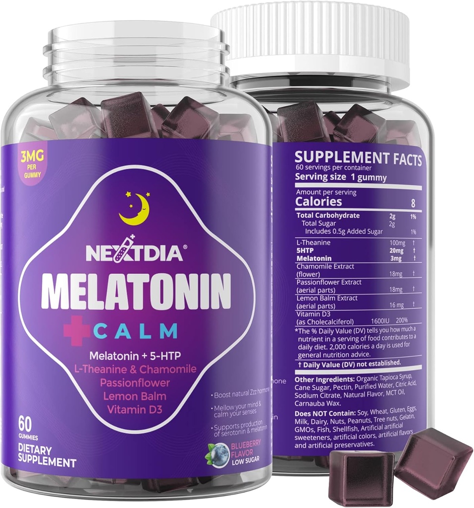 Melatonin Gummys 3mg 5mg 1mg - 健康平静循环支持 5HTP, L-Theanine, Lemon Balm, Chamomile, Passion Flower, 维生素D3 for Immune Support - 低糖, Gelatin Free, Vegan - 60 Counts